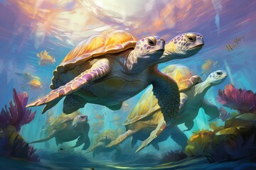 Ancient sea turtles, carrying entire ecosystems on their colossal shells - Generative AI - obrazy, fototapety, plakaty
