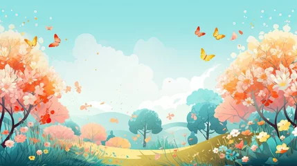 Poster Panorama of spring summer beautiful nature, green grasslands meadow, landscape background illustration. © Xabrina