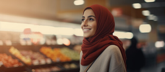 Attractive middle Eastern young woman wearing a hijab shopping at a supermarket