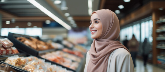 Attractive middle Eastern young woman wearing a hijab shopping at a supermarket - obrazy, fototapety, plakaty