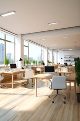 Spacious, modern, minimalist office interior with wooden work desks with computers and wooden floor