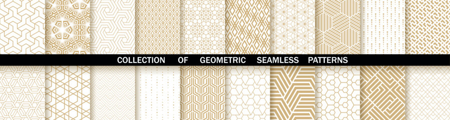 Geometric set of seamless gold and white patterns. Simple vector graphics