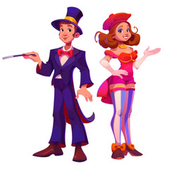 Carnival circus performer magician people cartoon. Artist in costume icon set. Cirque comedy entertainment isolated on white background. Happy female and male amusement comedian png collection