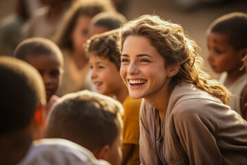 Fototapeta premium A young actress receiving encouragement and support from her fellow child actors 