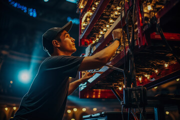 A theater technician adjusting the lighting rig high above the stage 