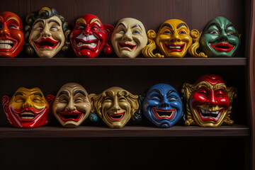 Theater masks on a shelf symbolizing comedy and tragedy 