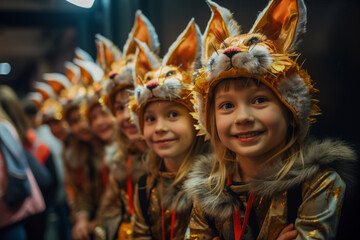 Young actors dressed in adorable costumes eagerly awaiting their cues backstage  - obrazy, fototapety, plakaty