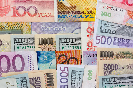 American Us Canadian Australian Dollar, Euro, Japanese Yen, and Chinese Yuan banknote