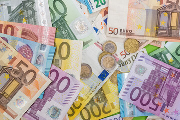 different Euro paper bills, legal European Union curency EU