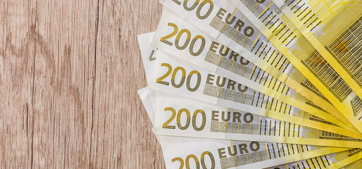 50 100, 200 and 500 euros bills currency banknotes as finance background. European paper money backdrop - obrazy, fototapety, plakaty