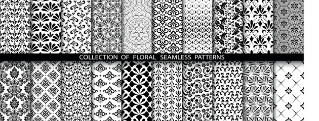 Geometric floral set of seamless patterns. White and black vector backgrounds. Damask graphic ornaments.