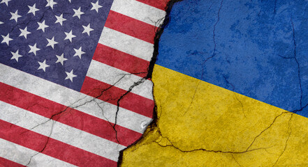 United States and Ukraine flags, concrete wall texture with cracks, grunge background, military conflict concept