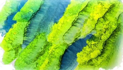 Abstract watercolor paint of aerial top view landscape green forest and blue lake river in concept  nature, environment.