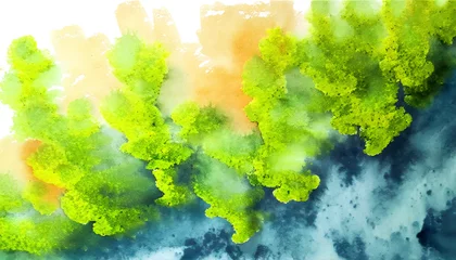 Rolgordijnen Abstract watercolor paint of aerial top view landscape green forest and blue lake river in concept  nature, environment. © by korkeng