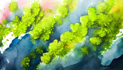 Rolgordijnen Abstract watercolor paint of aerial top view landscape green forest and blue lake river in concept  nature, environment. © by korkeng