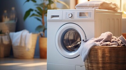 A pile of laundry goes into the washing machine, ready for cleaning.