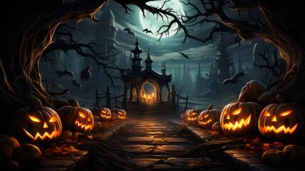 Fototapeta na wymiar Halloween pumpkin background. Pumpkin head lantern with burning candles.