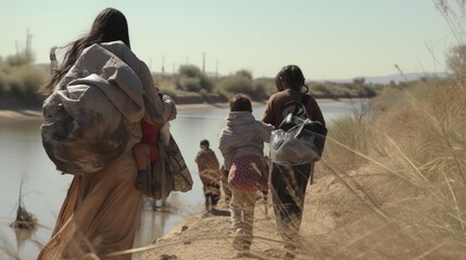 Juarez, Chihuahua, Mexico, 04-04-19 group of women carrying their children cross the Rio Grande to try to cross the border into the United States