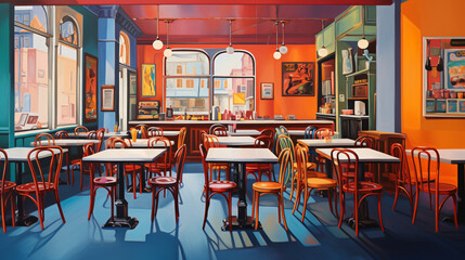 A painting of a restaurant with colorful walls - obrazy, fototapety, plakaty