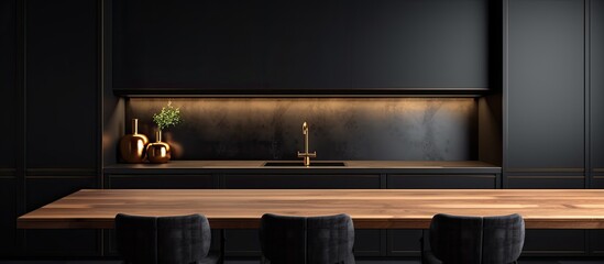Contemporary kitchen with black and gold accents and wooden countertops With copyspace for text