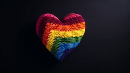 Knitted heart with Lgbt gay rainbow flag on dark felt background. Multicolored Heart in the gay pride flag. LGBT transgender movement. Copy space