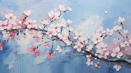A painting of pink flowers on a blue