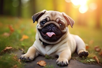 Obraz premium Adorable puppy pug smile and happiness. Purebred dog. Generative AI