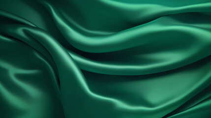 Royal green silk satin fabric with wavy and folding patterns. Abstract background for luxury cloth or liquid wave or wavy folds. Beautiful soft wavy folds on shiny fabric. 