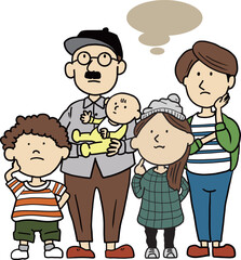 悩み、考える子育て家庭のシンプルでかわいいイラスト