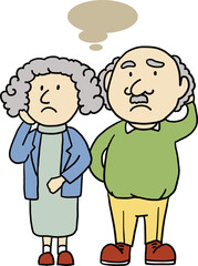 悩み、考える高齢者のシンプルなかわいいタッチのイラスト