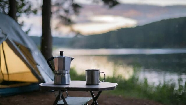 Morning of solo camping by the lake. Sunrise. Before starting the activity. Brew a hot cup of coffee. Generative AI