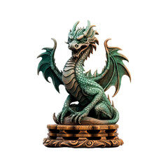 Fototapeta premium Green dragon figurine on a wooden stand. Isolated on transparent background.