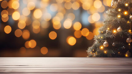 Empty wood top table in front of Christmas tree and night light blurred bokeh background. Relax on holidays and New Year's Eve. Winter Christmas product display, Banner, Digital greeting card.