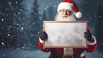 Man in costume of santa claus with blank board over city street at night. Christmas and New Year concept. Banner copy space, ai generative. - obrazy, fototapety, plakaty