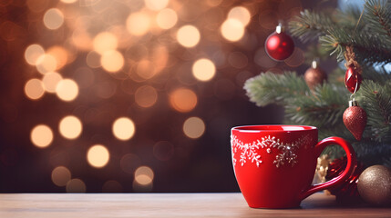 Red mug of hot drink on wooden table with blurred Christmas tree bokeh on background with copy...