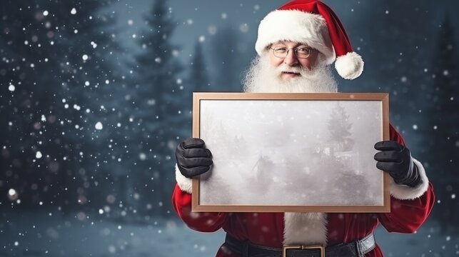 Man in costume of santa claus with blank board over city street at night. Christmas and New Year concept. Banner copy space, ai generative.