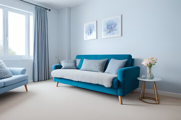 cute modern bedroom interior with blue sofa, fireplace, pot flowers, carpet and table. 3d rendering