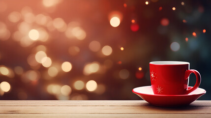 Obraz na płótnie Canvas Red cup of hot drinks on wooden table with blurred light bokeh on background with copy space. Warm and relax on vacation. Christmas holiday background. New Year's Eve.