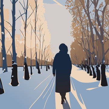 A woman wearing hijab walking on the path with row of silver birch trees during winter morning.