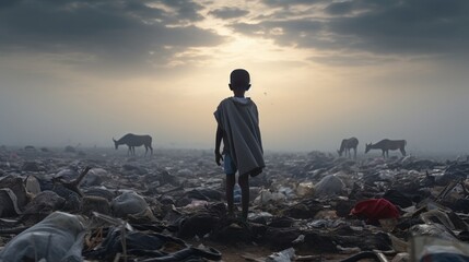 Lonely African boy standing in a landfill with a black plastic bag on his shoulder looking for reusable material, surrounded by hungry garbage grazing donkeys. full ultra HD, High resolution - obrazy, fototapety, plakaty