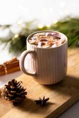 Vertical image of mug of chocolate and marshmallows and christmas decorations with copy space