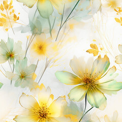 Seamless watercolor flowers in green and yellow background, ai generative
