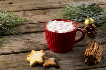 Red mug of chocolate and marshmallows and christmas decorations with copy space
