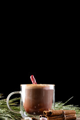 Vertical image of red mug of chocolate and marshmallows and christmas decorations with copy space