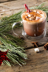 Vertical image of glass mug of chocolate and marshmallows and christmas decorations with copy space