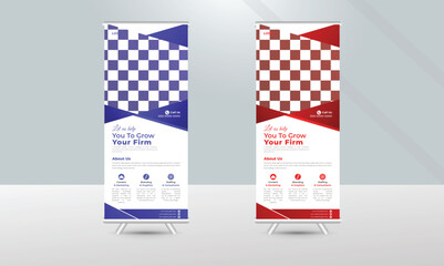 Roll up banner with blue and red accents.