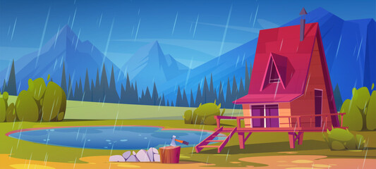Hut on stilt near lake game vector. Rain scene with forest wood house and mountain view. Summer building shack in rainy weather and nature environment. Axe and stump near wooden cabin apartment