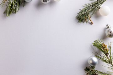Christmas baubles decorations with copy space on white background