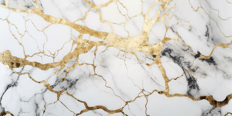 Widescreen banner with white and gold marble texture background.