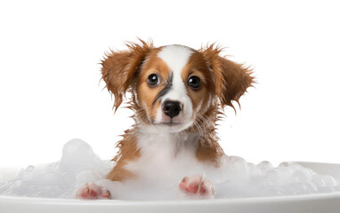 A Cute Dog Puppy Bathing by Shampoo Isolated on Transparent Background PNG. - obrazy, fototapety, plakaty